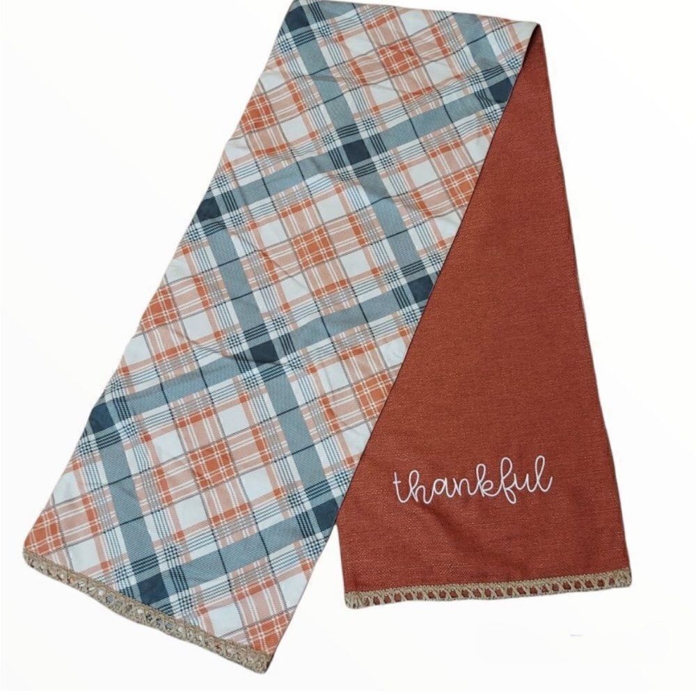 Autumn Thanksgiving Reversible Embroidered Plaid Table Runner - Picture 3 of 8